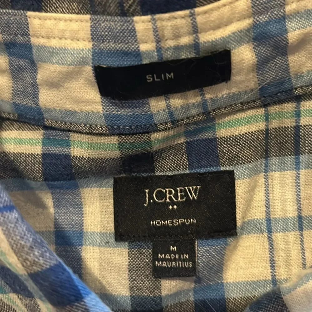 Jcrew men’s white, blue and teal plaid‎ long sleeve cotton button down